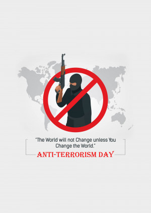 Illustration depicting a prohibited symbol of a person with a weapon against a world map, promoting Anti-Terrorism Day.