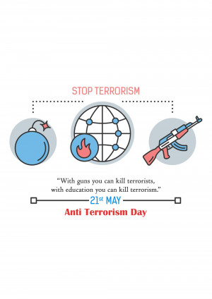 Illustration depicting the fight against terrorism with imagery of bombs, a globe, and guns, alongside a message promoting education as a solution.