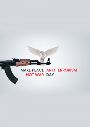 An AK-47 rifle with a white dove perched on the barrel, promoting peace over war and anti-terrorism.