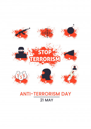 Graphic depicting weapons, a masked figure, and a target with the text 'STOP TERRORISM' and 'Anti-Terrorism Day'