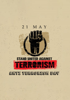 Poster for Anti-Terrorism Day with a raised fist and text.