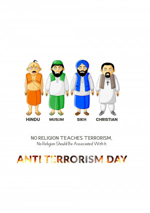 Illustration depicting individuals representing different religions with a message against terrorism.