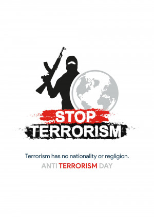 Image depicting a silhouette of a person holding a weapon against a world map with the text 'STOP TERRORISM'.