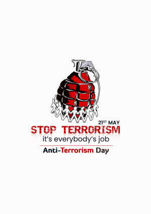 Image depicting a grenade with silhouettes of people and the message 'Stop Terrorism - It's Everybody's Job' for Anti-Terrorism Day.