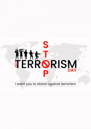 Anti-Terrorism Day poster with silhouettes of people and a world map.