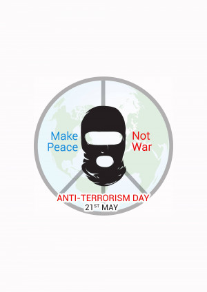 Image depicting a peace symbol with a masked figure and the text 'Make Peace Not War' and 'Anti-Terrorism Day'