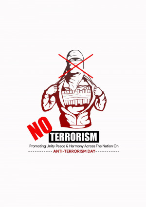 Illustration depicting a figure with a red 'NO' symbol and a message against terrorism.