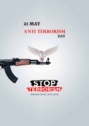 Image depicting a white dove perched on the barrel of a rifle with the text 'Anti Terrorism Day' and 'Stop Terrorism'