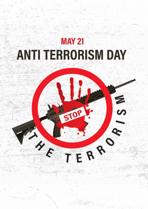 Anti-Terrorism Day poster with a crossed-out gun and a handprint.