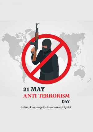 Illustration depicting a weapon with a red prohibition sign over a world map, promoting Anti-Terrorism Day.