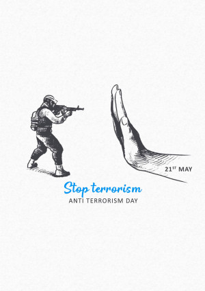 Illustration of a soldier aiming a gun towards a hand with the words 'Stop Terrorism' and 'Anti-Terrorism Day'