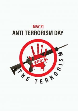 Anti-Terrorism Day poster with a crossed-out rifle and blood handprint.