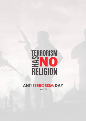 Image with the text 'Terrorism Has No Religion' and silhouettes of people with weapons, promoting Anti-Terrorism Day.
