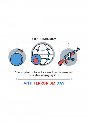 Illustration depicting a bomb, globe with fire, and rifle with the text 'Stop Terrorism' and 'Anti Terrorism Day'.