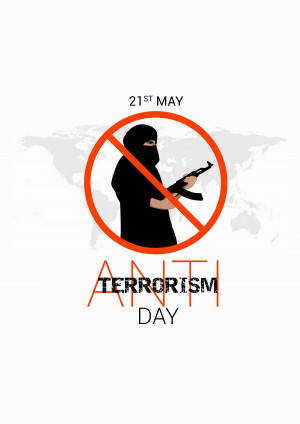 Anti-Terrorism Day poster with a silhouette of a person with a weapon inside a prohibition sign.