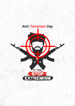 Anti-Terrorism Day poster with a target over a silhouette of a person with a beard and weapons.