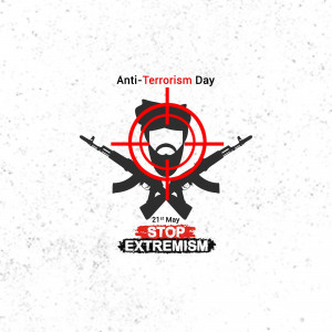 Anti-Terrorism Day poster with a target symbol over a silhouette of a person with weapons and a stop extremism message.