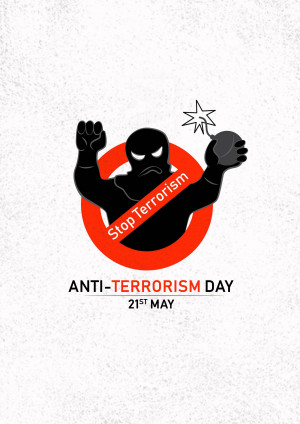 Poster depicting a silhouette of a person with a raised fist inside a stop sign with a bomb, promoting Anti-Terrorism Day.