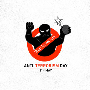 Illustration of a silhouette holding a bomb with a stop sign over it, promoting Anti-Terrorism Day.