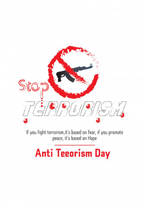 Image depicting a crossed-out assault rifle with the text 'Stop Terrorism' and 'Anti-Terrorism Day'.