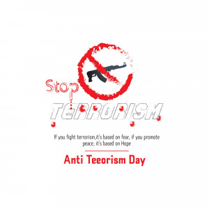 Image depicting a crossed-out rifle with the text 'Stop Terrorism' and 'Anti Terrorism Day'.