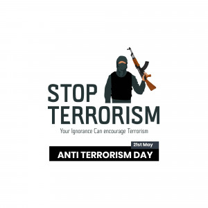 Poster with the text 'STOP TERRORISM' and an illustration of a person in a balaclava holding a rifle.