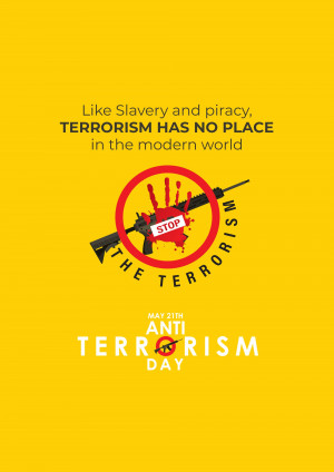 Image promoting Anti-Terrorism Day with a crossed-out weapon and the message 'Terrorism has no place in the modern world'.