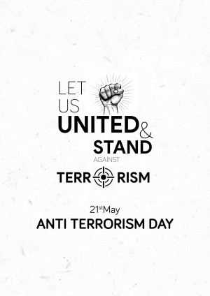 A graphic with a raised fist and text advocating unity against terrorism.