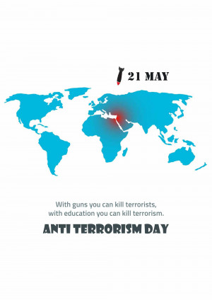 World map with a highlighted region and text promoting education over violence for combating terrorism.