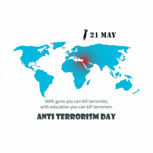 World map with a red highlight over the Middle East and Africa, promoting Anti-Terrorism Day.