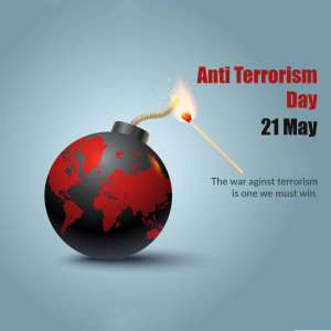 Illustration of a bomb with a lit fuse and a world map texture, promoting Anti-Terrorism Day on May 21st.