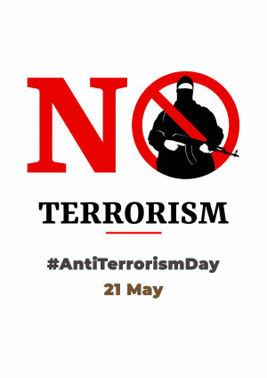 Image displaying a red 'NO' symbol with a silhouette of a person with a weapon crossed out, and the text 'Terrorism' and '#AntiTerrorismDay 21 May'