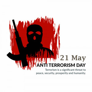 Image depicting a masked figure with a weapon against a red background with text 'Anti-Terrorism Day'