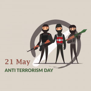 Illustration depicting three masked figures with weapons, promoting Anti-Terrorism Day.