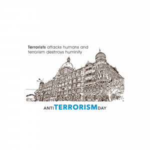 Illustration of the Taj Mahal Palace Hotel with Anti-Terrorism Day text.