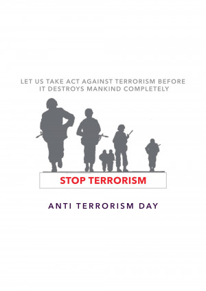 Silhouette of soldiers with the text 'Stop Terrorism' and 'Anti Terrorism Day'.