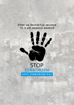 Black handprint with the words 'STOP TERRORISM' and 'Anti Terrorism Day' on a textured grey background.