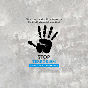 Black handprint with the word 'STOP' over 'Terrorism' on a grey background.