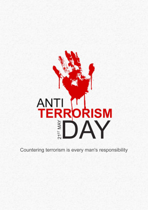 A blood-red handprint with the text 'Anti-Terrorism Day' and 'Countering terrorism is every man's responsibility'.