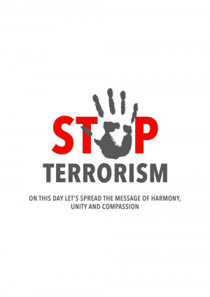 Image with a handprint over the word 'STOP' and the message 'Terrorism' with a call for harmony.