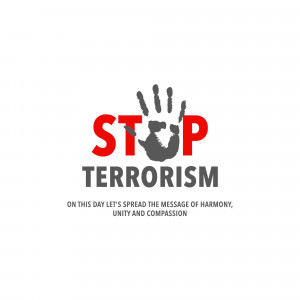 Image with a handprint over the word 'STOP' and the text 'Terrorism' below, promoting peace and harmony.