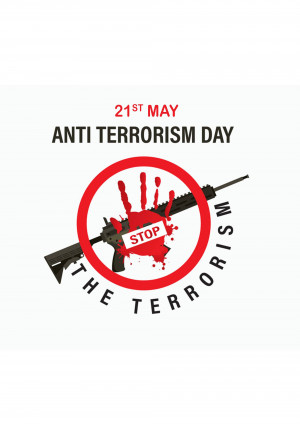 Anti-Terrorism Day poster with a gun crossed out by a handprint and a stop sign.