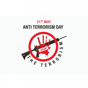 Anti-Terrorism Day poster with a crossed-out rifle and a handprint with 'STOP' written on it.