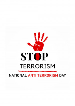 Red handprint with the words 'STOP TERRORISM' and 'National Anti-Terrorism Day'