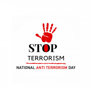 Red handprint with the words 'STOP TERRORISM' and 'National Anti-Terrorism Day'
