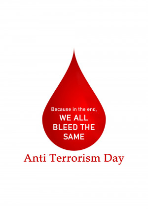 Red blood drop with text promoting unity against terrorism