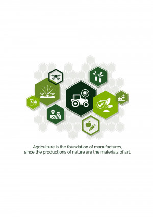 Hexagonal icons representing various aspects of sustainable agriculture with a tractor in the center.