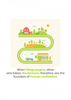 Illustration of a farm scene with a winding road and text about the importance of tillage.