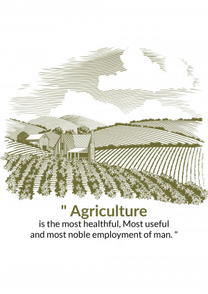 Vintage style illustration of a farm with fields and a house.