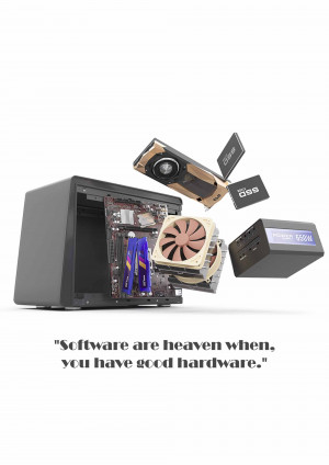 Exploded view of a computer with components floating around the case